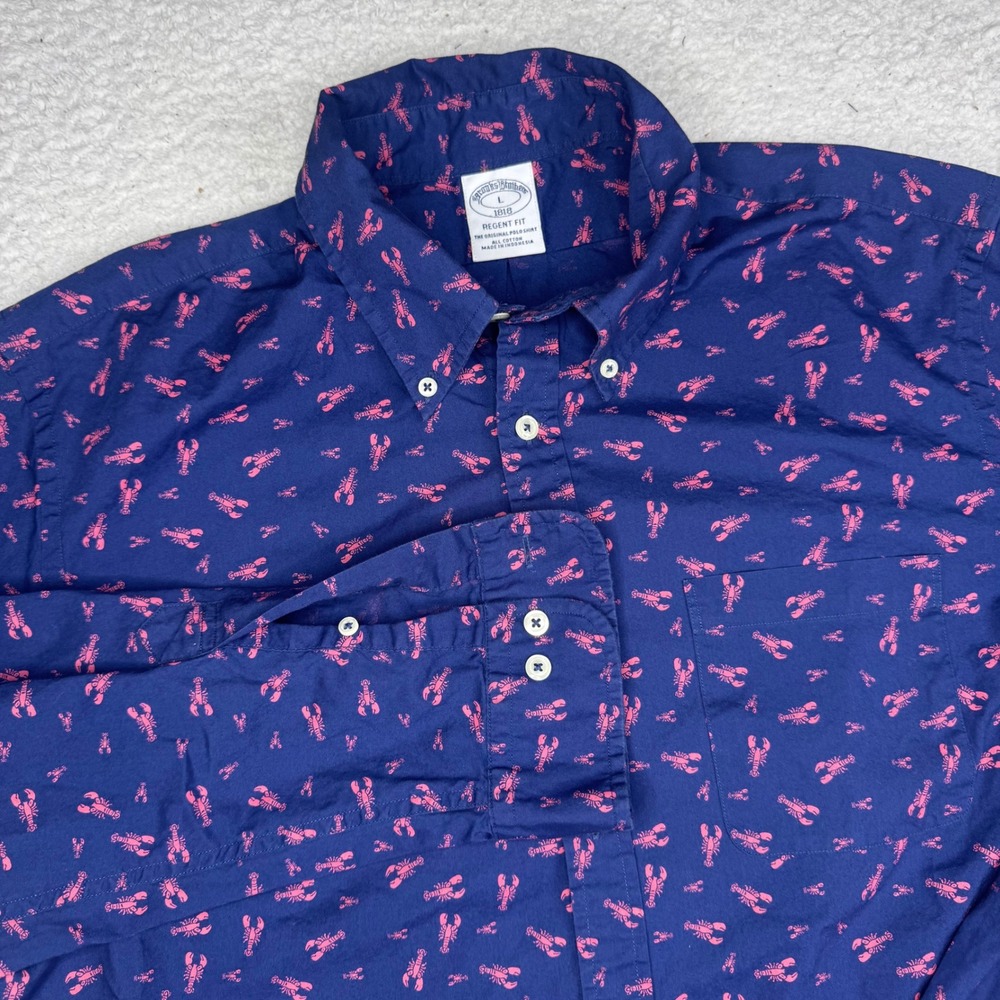 Brooks Brothers Mens Navy Lobster Print Button Down Shirt Size Large‎ Regent Fit
